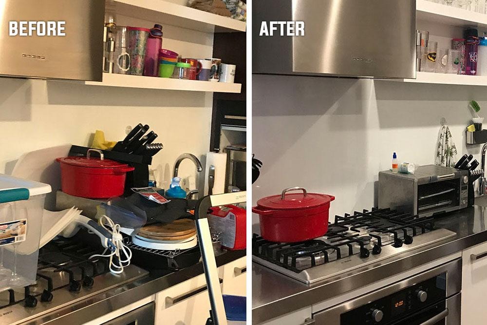 Before and after kitchen counter organization