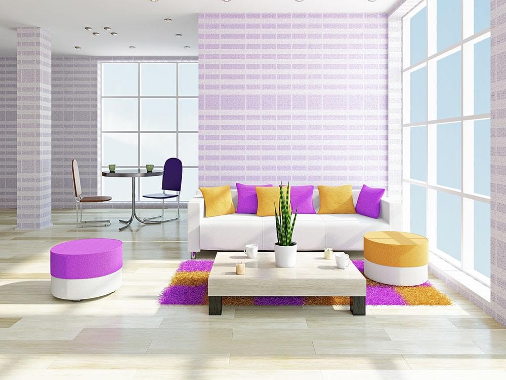 Modern living room with purple and yellow color scheme