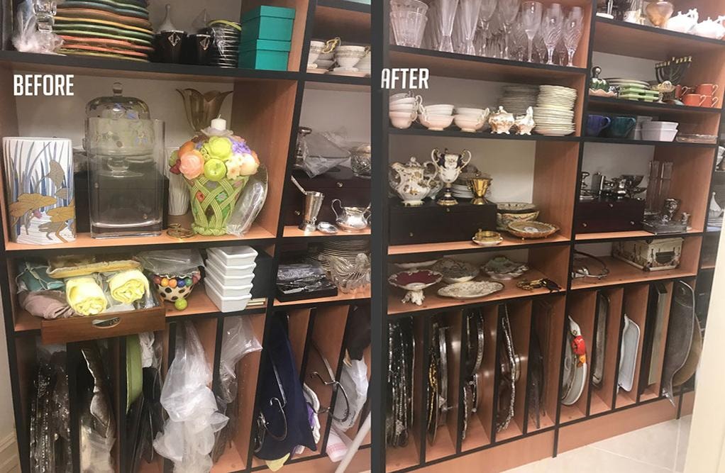 Before and after organized shelving with china and serveware